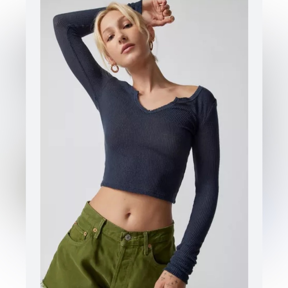 Free People Dark Blue Long Sleeve Crop Top